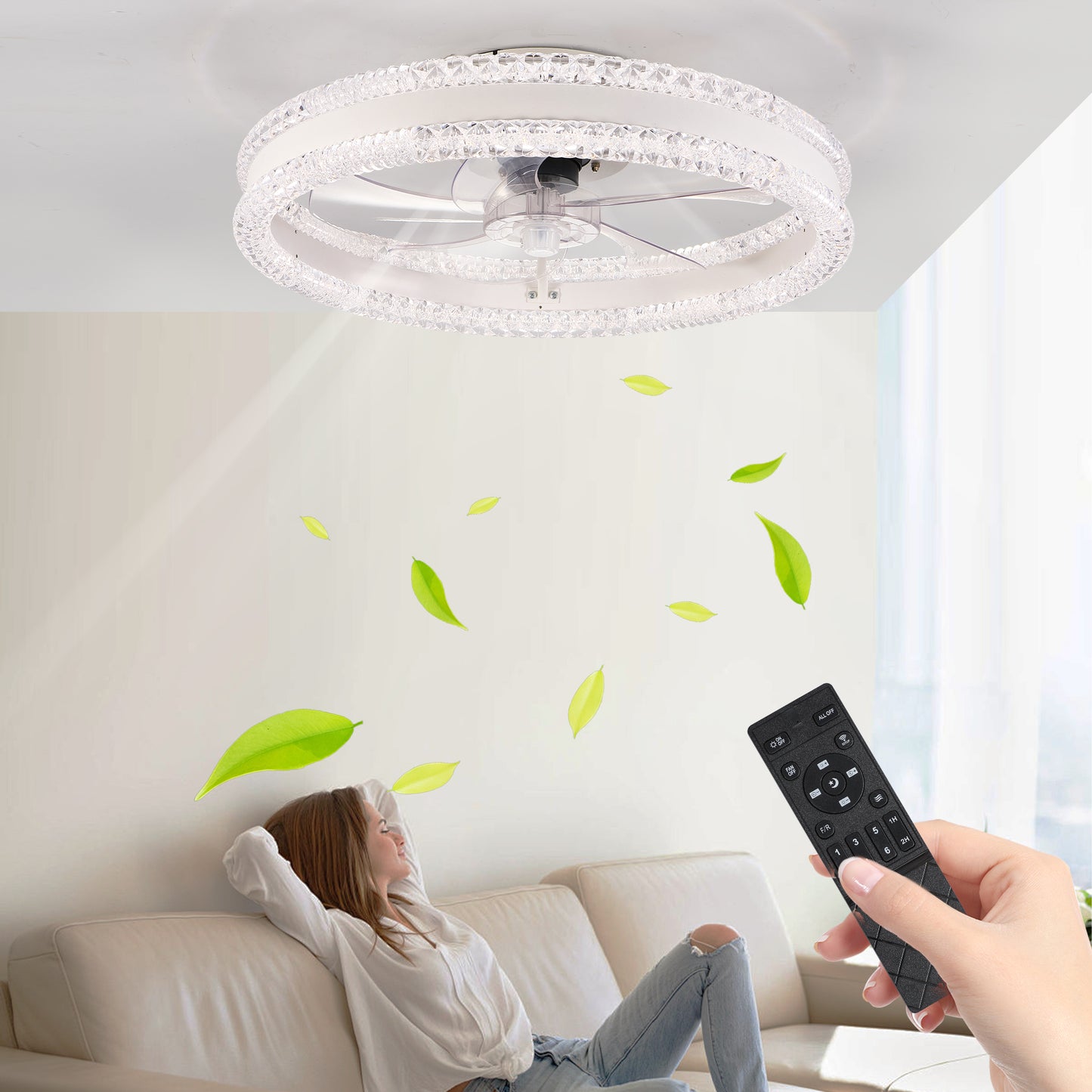 20 Luxury Double Ring LED Ceiling Fan With Light Modern Flush Mount Design, Hidden Blades, Dimmable Lighting & Remote Control, Low Profile Silent Fan For Bedroom, Living Room White