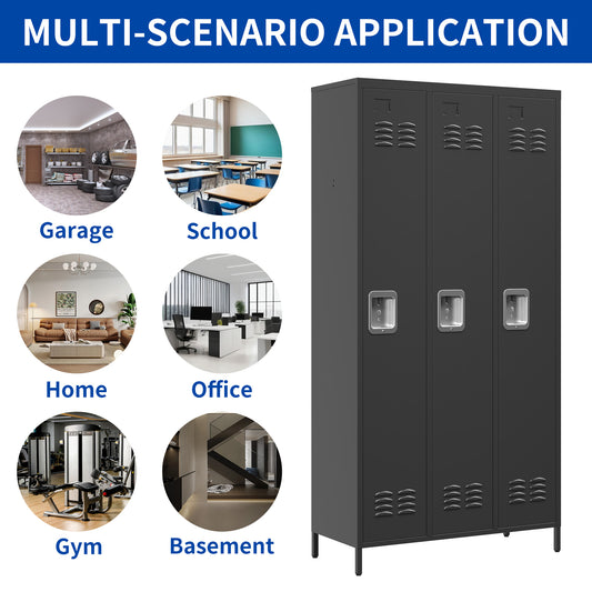 3 Door 72 H Metal Lockers With Lock For Employees,Storage Locker Cabinet For Home Gym Office School Garage,Black