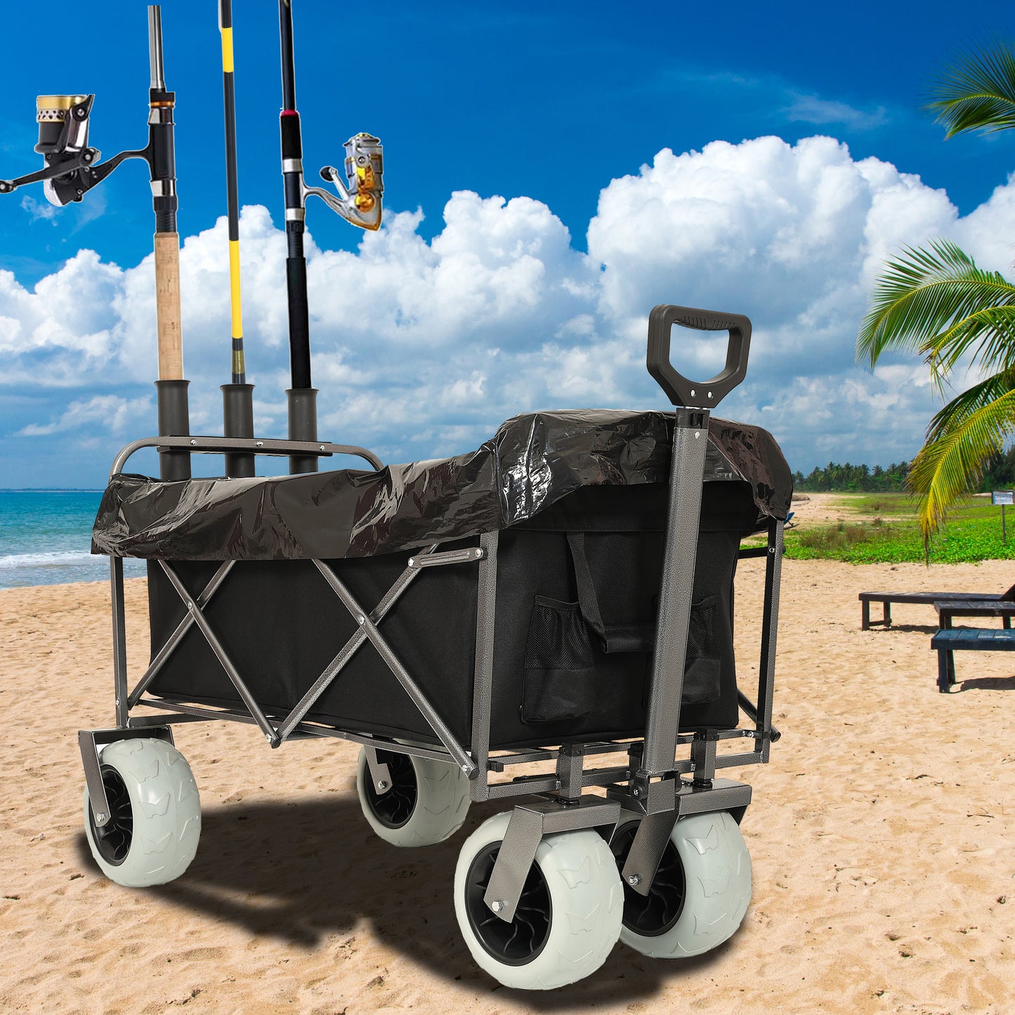Fishing Cart With Rod Holders Beach Wagon With Big Wheels For Sand 500lbs Capacity - All Terrain Steel Frame Utility Cart With 9 Pneumatic Tires Strap With Multiuse Bag Black