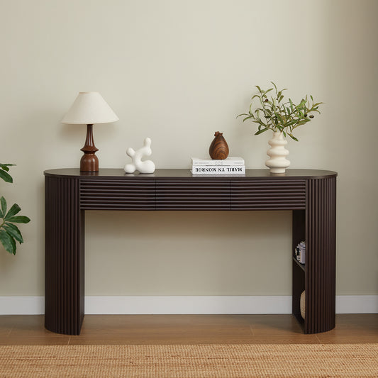 Video Retro Console Table With Storage, 3 Drawers, 1 Table-Leg Niche, Round Slat Aesthetic, Entryway, Living Room & Hallway, Espresso