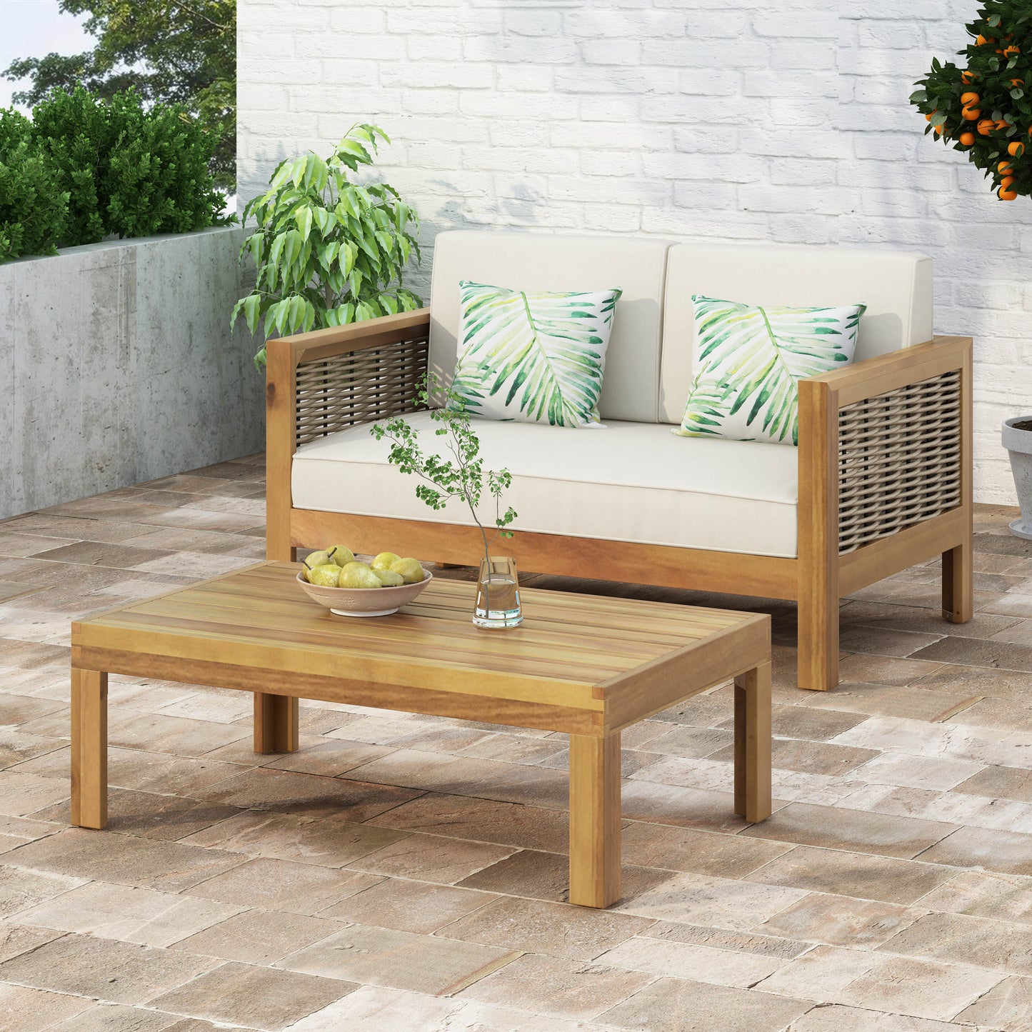 Outdoor Acacia Wood And Wicker Loveseat And Coffee Table Set With Cushions, Teak Beige