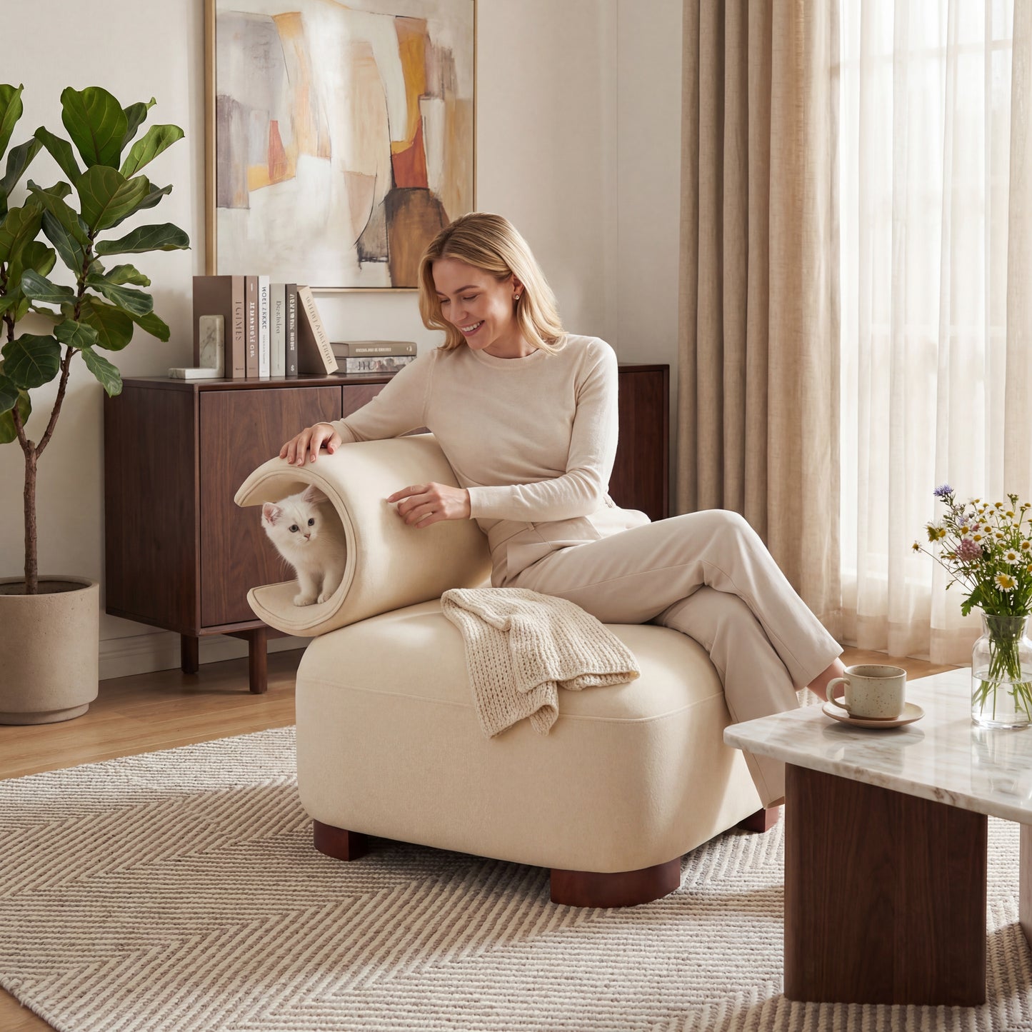 Modern Beige Polyester Accent Chair For Living Room - Pet-Friendly, 330 Lbs Weight Capacity, Stylish & Durable Design