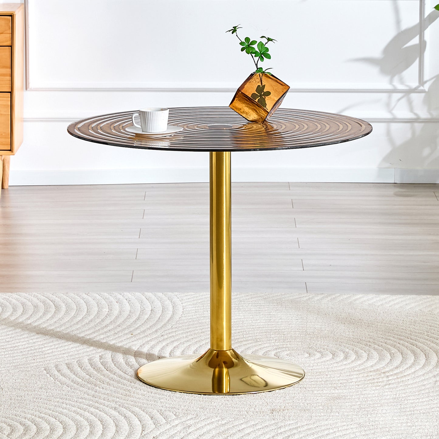 35 Inch Diameter, Light Luxury Brown Ring Glass Round Table. Golden Metal Pillar. Negotiation Table, Household Coffee Table, Dining Table. Suitable For Small Dining Spaces Of 2-4 People.