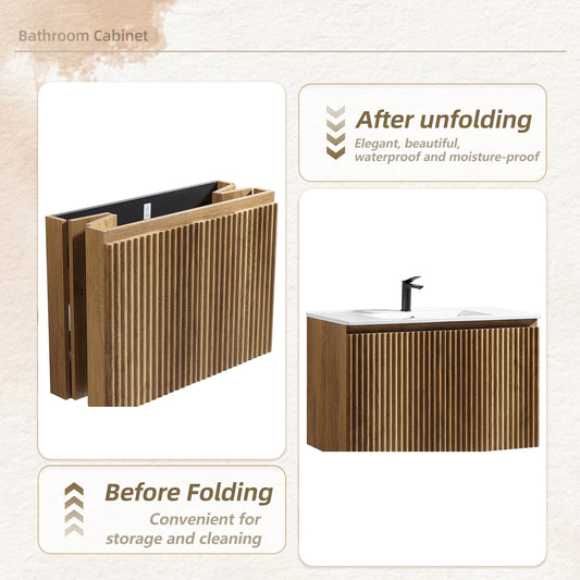 30inch Gloden Oak Folding Wall Cabinet With Creamic Sink- Patented 1-Minute Install Space-Saving & Easy Assemble Modern Style