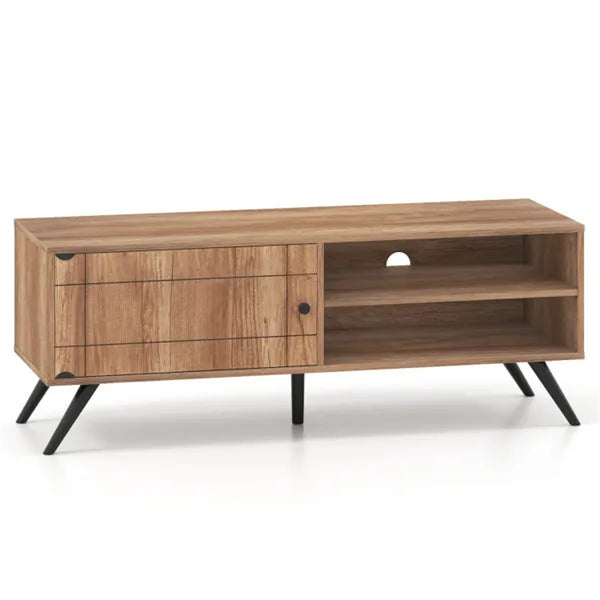 Oak Mid-Century Modern TV Stand For 55-Inch TVs, 210 Lbs Capacity Entertainment Center With Storage Cabinet & Cable Management
