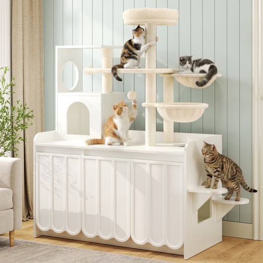 50.6 Cat Tree With Litter Box Enclosure, 5Cat Tower With Sisal Scratching Post And Storage Space, Hidden Litter Enclosure Furniture, All-in-One Modern Cat Condo With House, Hammock And Perch, White