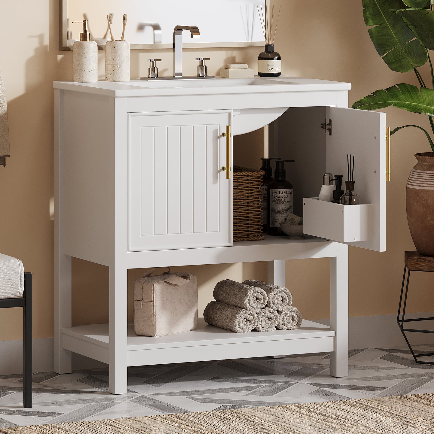 30-Inch White Bathroom Vanity With Ceramic Sink And Versatile Storage - Ideal For Small Bathrooms