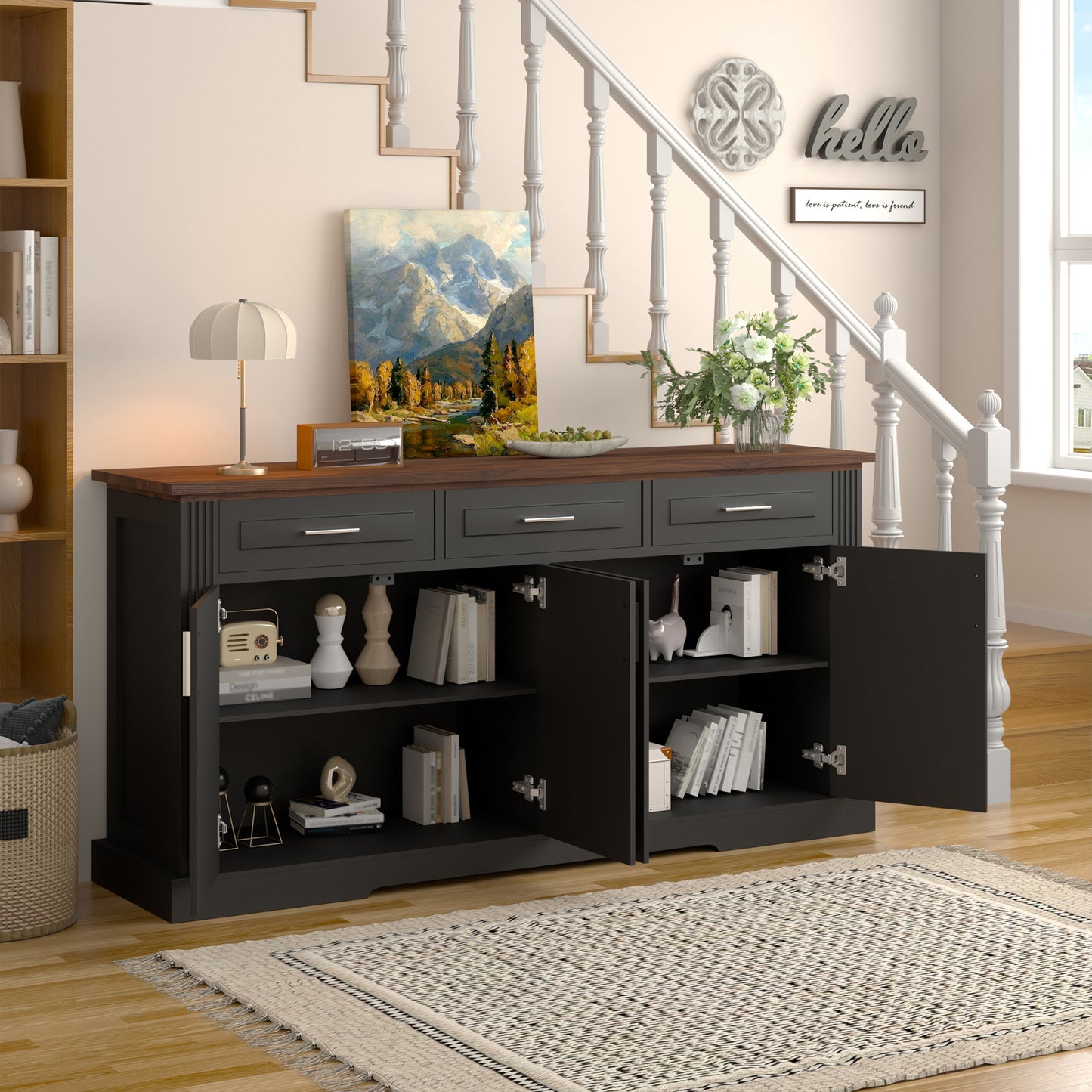 63 Fluted Sideboard Buffet Cabinet With Storage, Modern Coffee Bar Station With 4 Doors And 3 Drawers, Wood Kitchen Storage Console Table For Living Room Dining Room Entryway, Black