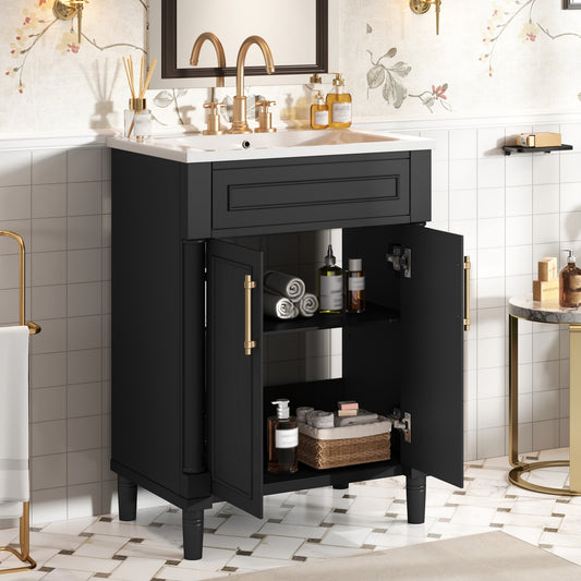 24 Bathroom Vanity With Integrated Ceramic Sink, Bathroom Cabinet With 2 Doors, Single Sink Bathroom Vanity For Small And Medium Restroom