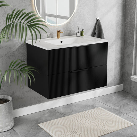 30 Inch Bathroom Vanity Cabinet With Ceramic Sink - Black Wall Mounted Floating Fluted Vanity With Drawers Modern