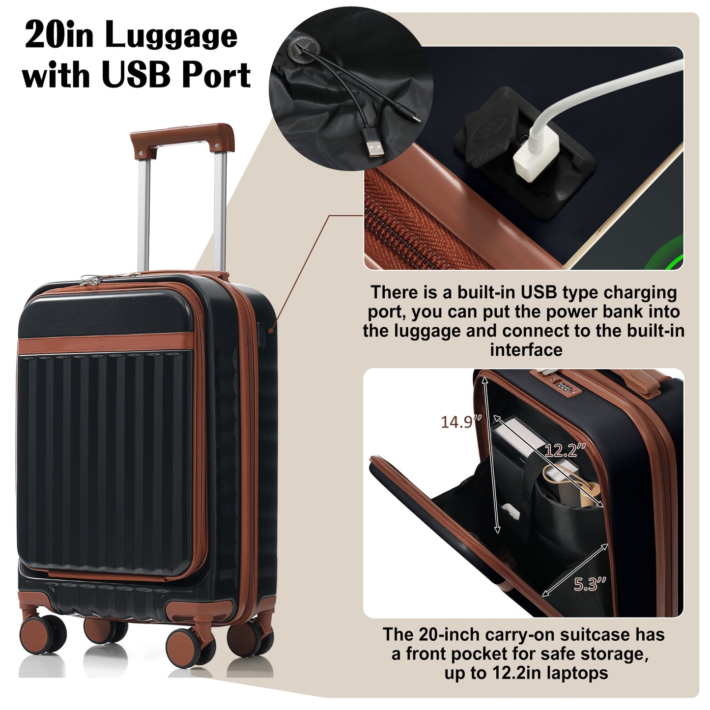 Luggage Set Of 3, 20inch With USB Port, Front Opening Design Airline Certified Carry On Luggage, ABS Hard Shell Luggage With Spinner Wheels,Black