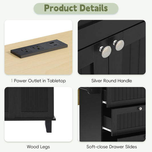 Available TOPMAX Farmhouse Kitchen Island With Drop Leaf And 2 Seatings, Kitchen Table Set With Storage Cabinet, Drawers, Door Shelves And Power Outlet, Black