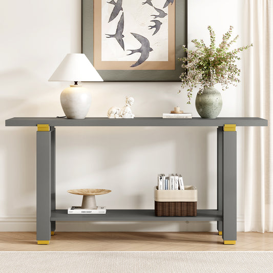 U-Style 62.9 Modern Minimalist Console Table Solid Wood Entryway Sofa Table With Metal Accents Built- In Shelf For Living Room Hallway 3 Colors Black Gray Natural