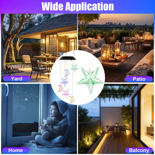 1Pcs Solar Moon And Star Wind Chime 7 Color Changing Wind Chime For Outside IPX4 Waterproof Outdoor Garden Yard Decor