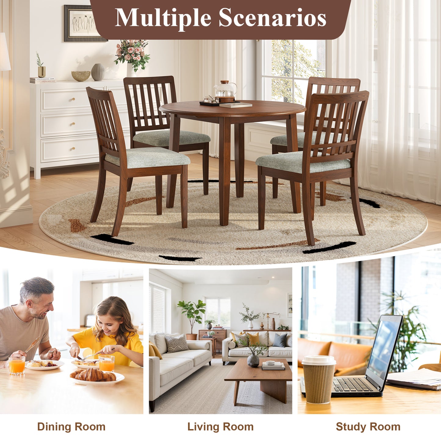 3-Piece Round Dining Table Set For 2 People, 1 Folding Wood Dining Table 2 Upholstered Chairs, Space-Saving Design For Small Apartments And Dining Areas - BROWN