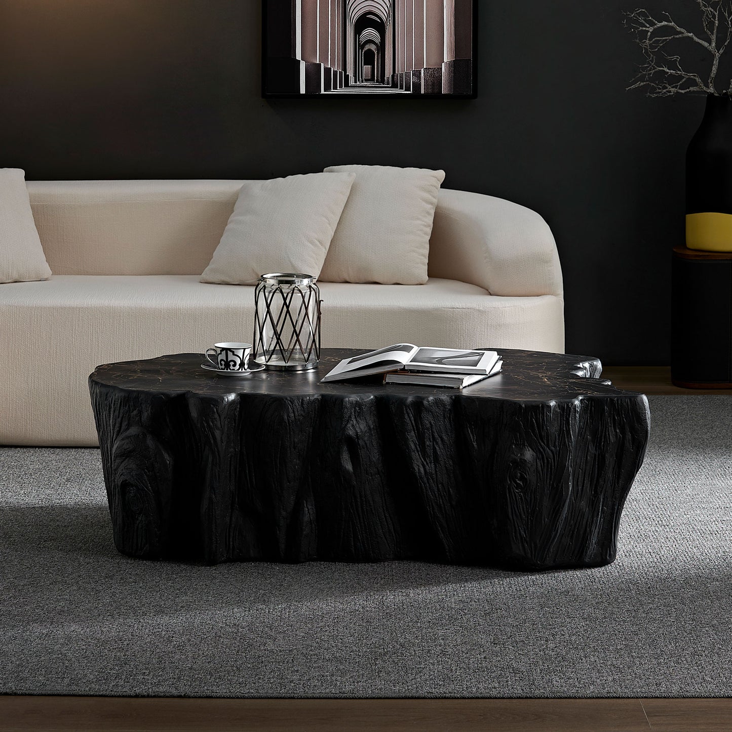 48.62 Inch Unique Shape Coffee Table Sturdy Fiberglass Tea Table For Living Room No Need Assembly Black