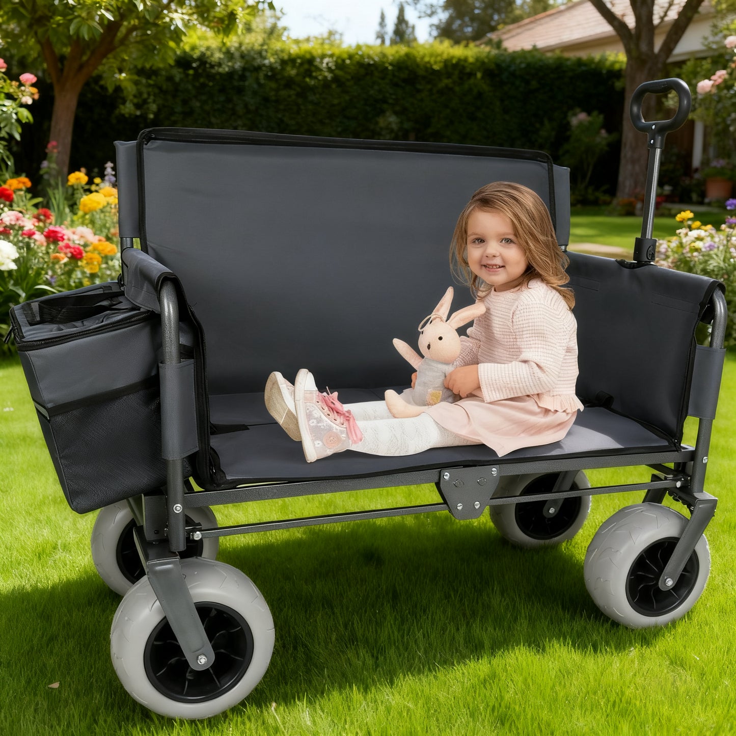 3- In- 1 Folding Wagon With Bench Seat - Patent Protection Includes 1 Ice Pack 500lbs Capacity 9 X4 Beach Tires For Camping & Beach Gray