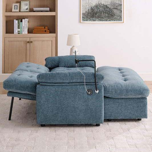 Leisure Sofa Chair,Double Sofa Recliner, With Manually Adjustable Backrest, Soft Padded Armrests, Side USB Charging Port And Phone Stand, Comes With A Matching Storage Ottoman-Blue
