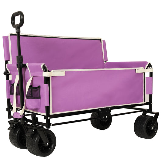 3- In- 1 Convertible Folding Wagon Cart With Bench Seat & Storage - 500lbs Heavy- Duty Utility Wagon 180L Capacity All- Terrain Wheels For Camping Beach Sports Garden Purple