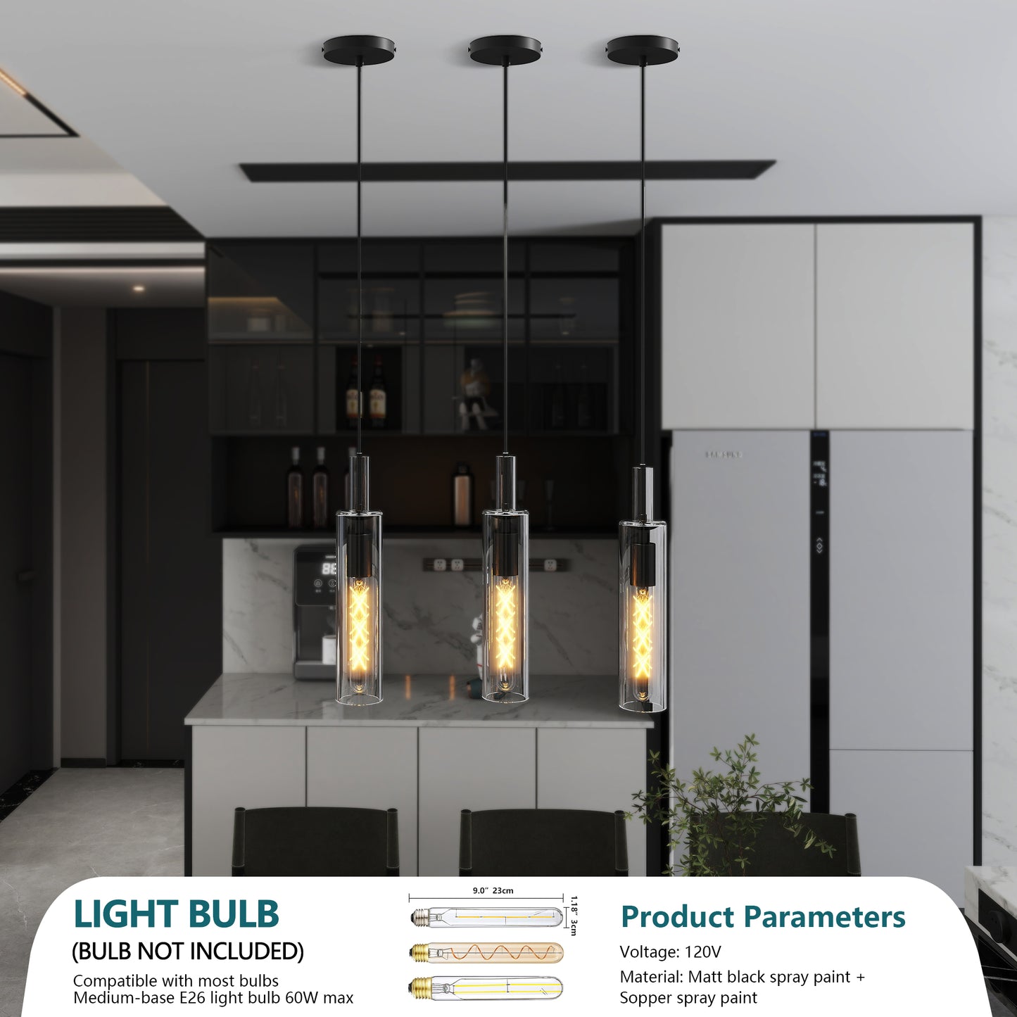 3 Pack Black Pendant Lights Kitchen Island No Bulbs Adjustable Modern Glass Pendant Light Over Island, Industrial Pendant Light Fixtures For Dining Room Hallway Bedroom Living Room