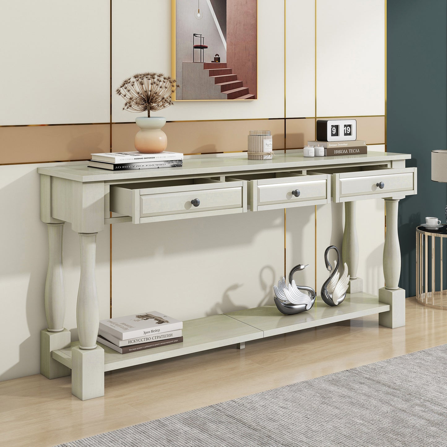 TREXM Console Table 63 Long Console Table With Drawers And Shelf For Entryway Hallway Living Room Antique White