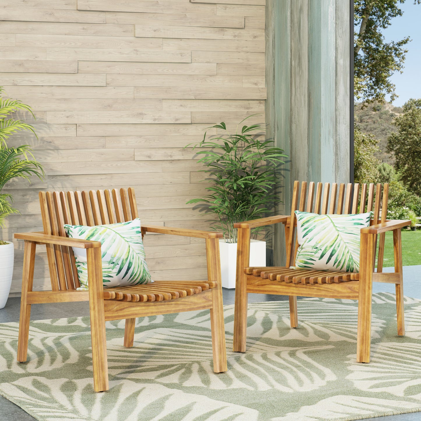 Outdoor Acacia Wood Slatted Club Chairs, Set Of 2, Teak Finish, Acacia Wood, 30D X 28W X 30.75H