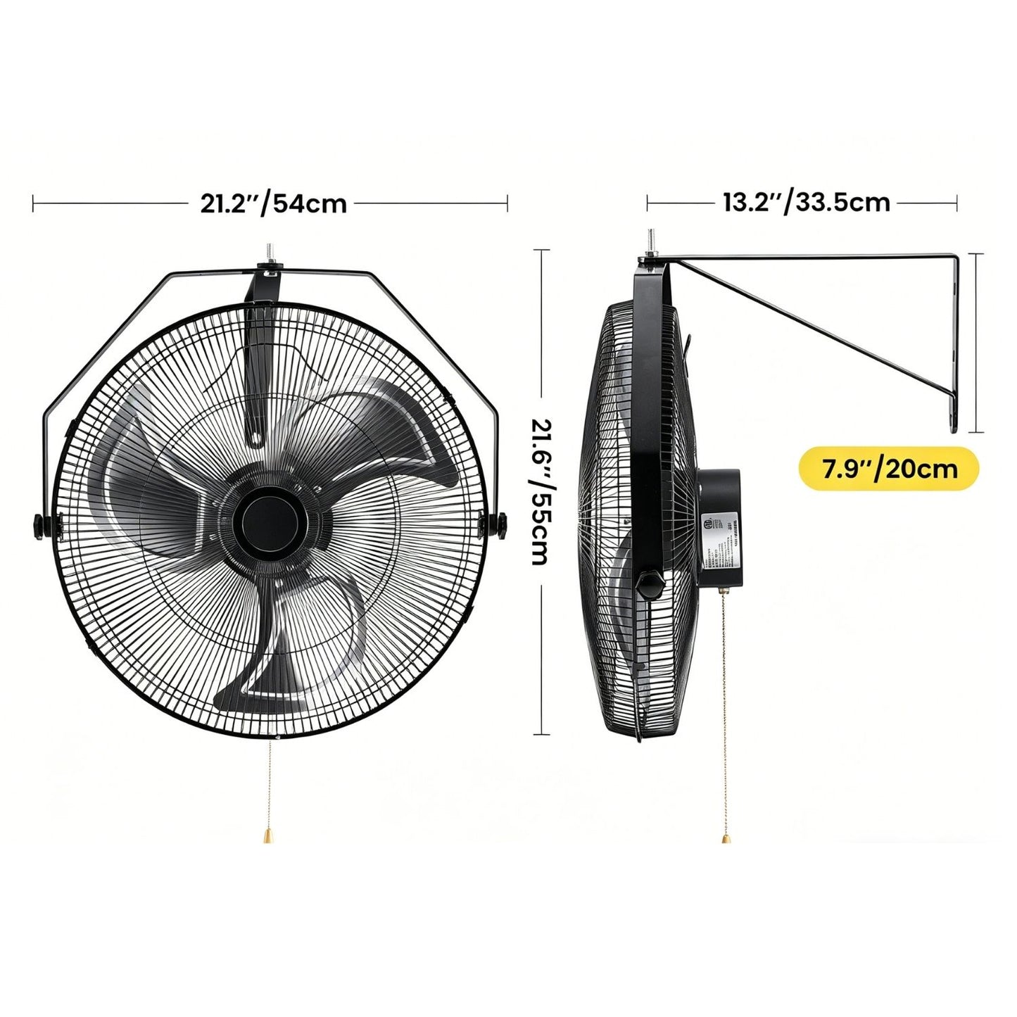 Industrial Wall Fan, 3 Speed High Velocity Metal Fan, 3400 CFM Oscillating, Aluminum Blades, 65dB Quiet, For Garage, Workshop, Patio, Warehouse