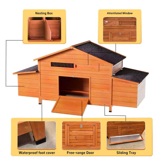 Large Wooden Chicken Coop Outdoor Hen House Poultry Cage For Outdoor With 2 Sides Nesting Boxes 2 Free- Range Doors Leakproof Tray