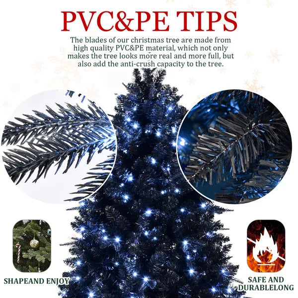 Artificial 6ft Black LED-lit Christmas Tree With 1460PE&PVC Mixed Branch Tips,Hinged Premium & Foldable Base For Indoor Holiday Decorating
