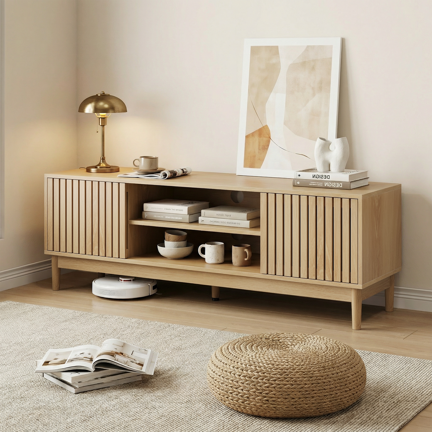 55-inch TV Stand, Mid-century Modern Style TV Stand Suitable For 55 65-inch TVs, Entertainment Center With Storage, Media Console For Living Room And Bedroom, Oak Color