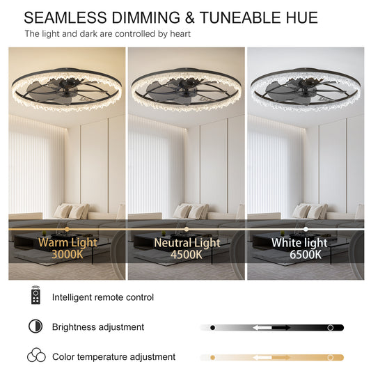 Luxury Crystal Ceiling Fan With Lights - 24'' Flush Mount LED Chandelier Fan With 5 Invisible Blades, Remote & Timer, Bright Dimmable Lighting For Bedroom, Living Room, Dining Room
