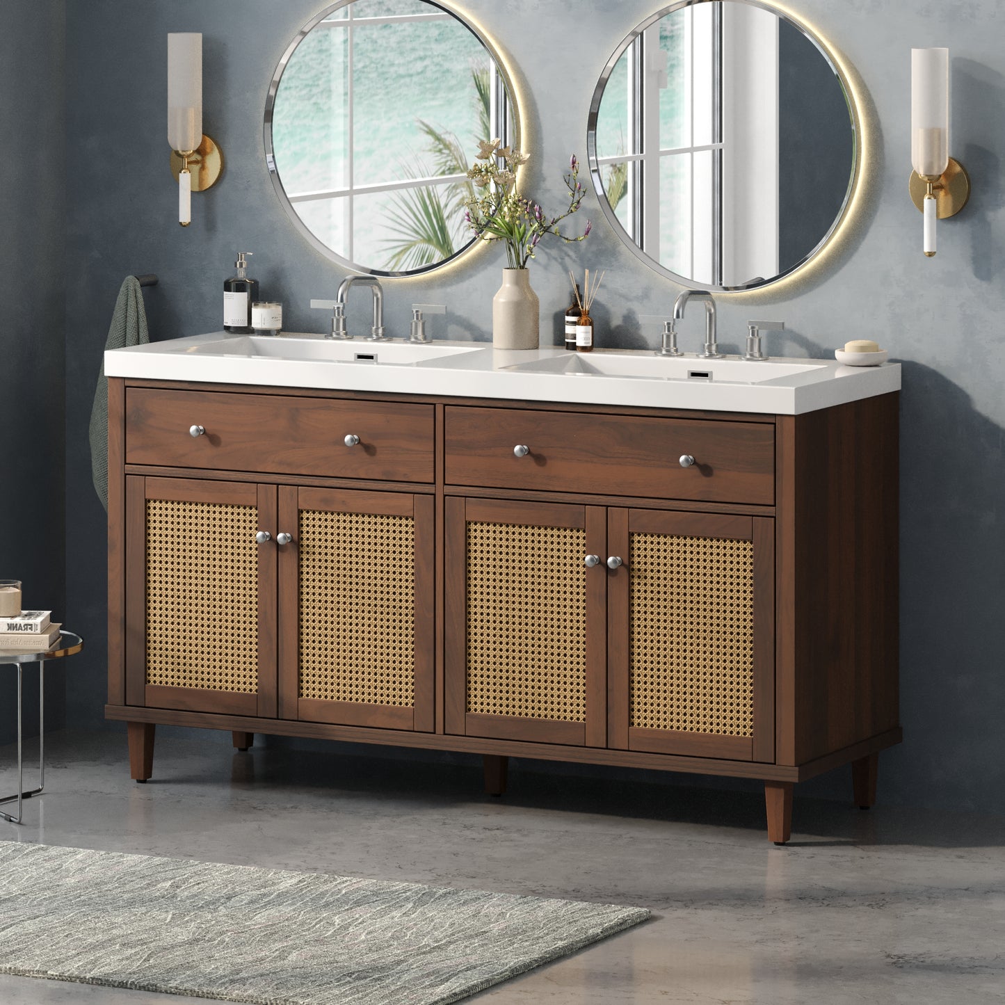 60 Inch Bathroom Vanity With Double Sink SMC Sink , Large Storage Space With 2 Tip-Out Trays Flip-Out Drawers And 4 Soft Closing Doors, Solid Wood Legs And Silver Metal Knobs, Brown