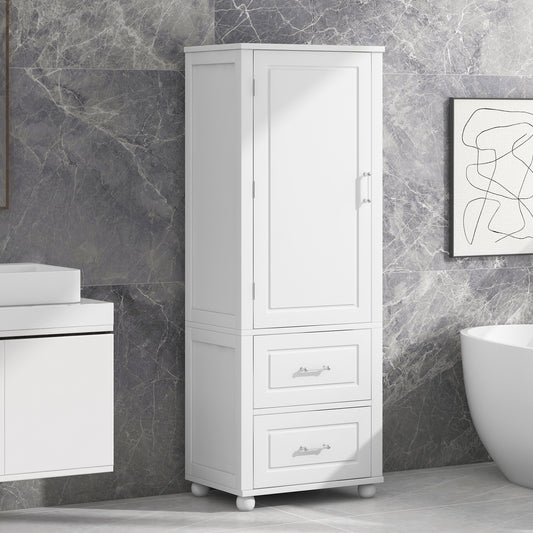 Tall Bathroom Storage Cabinet, Freestanding Storage Cabinet With Two Drawers And Adjustable Shelf, MDF Board With Painted Finish, White