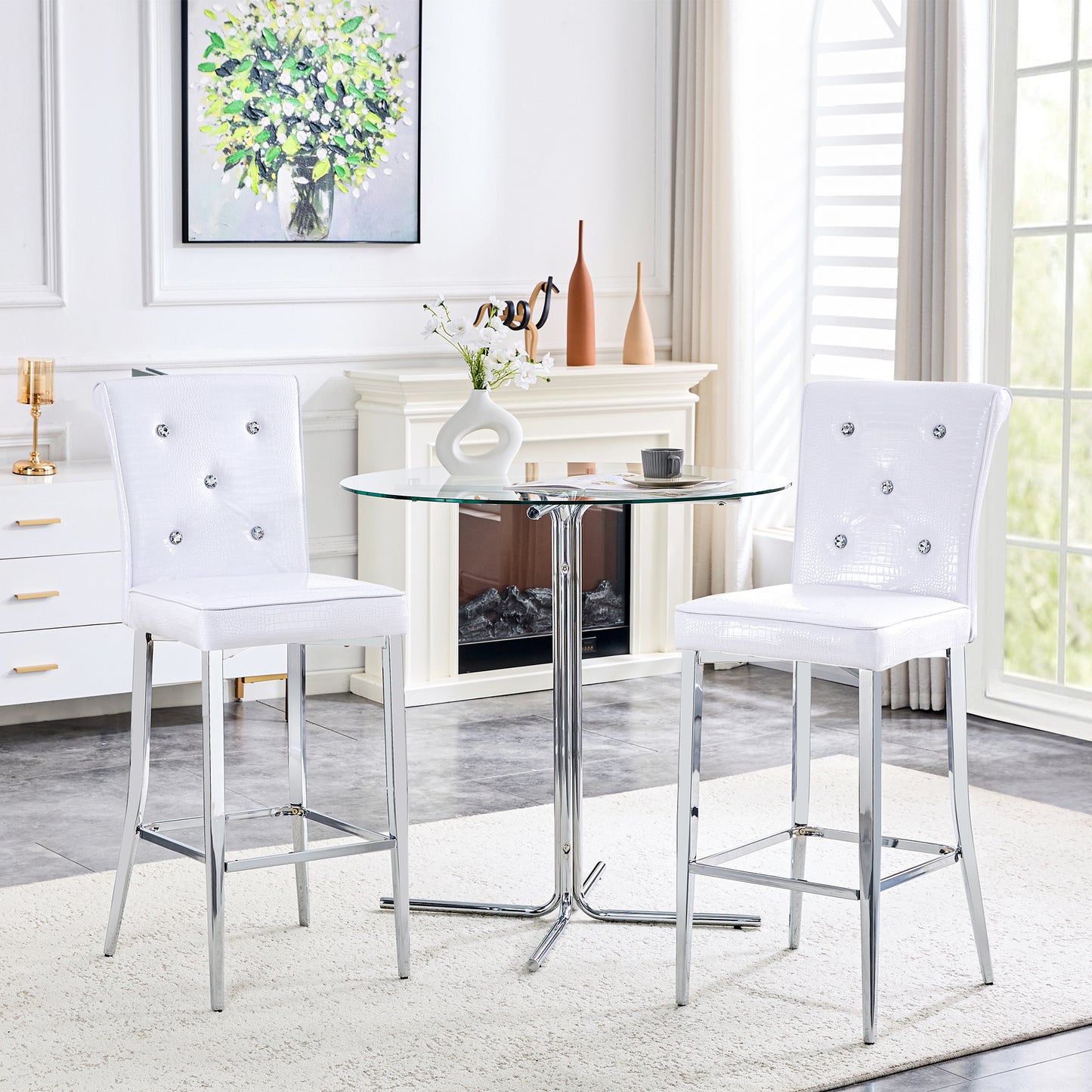 A Set Of 2 White Vintage Crocodile Leather Bar Chairs, Featuring Crystal Clasp Design And Synthetic Leather Design, Adding A Touch Of Elegance And Mystery To The Dining Area