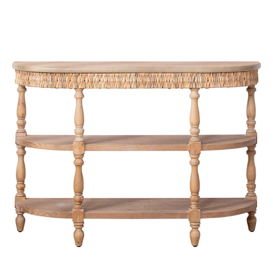 Handcrafted Wood Console Table With Hand-Woven Trim, 3-Tier Storage Shelves, Oval Entryway Table With Carved Legs, Rustic Coastal Farmhouse Accent Table, 49 Hallway Sofa Table