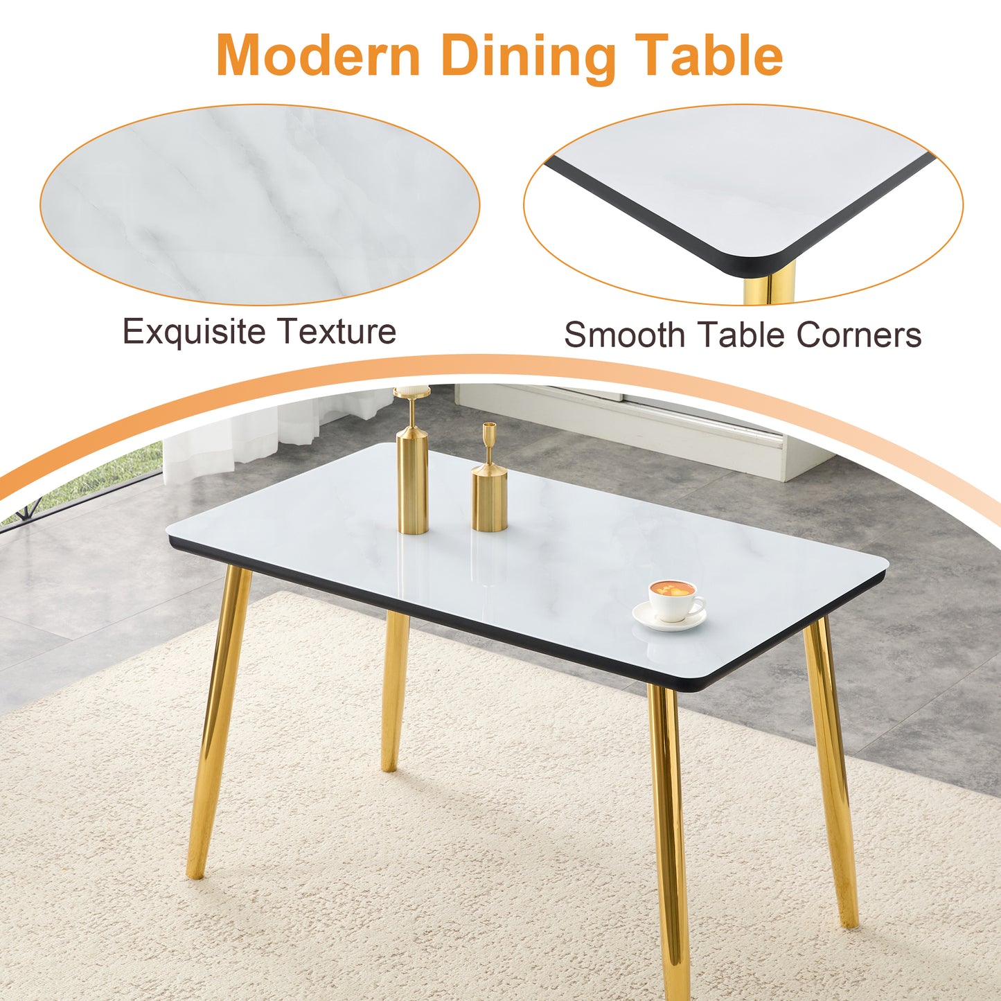Modern Minimalist Rectangular Dining Table, Suitable For 4-6 People. Tempered Glass Countertop Lower MDF Board, Marble Texture, Gold Metal Tapered Legs. Suitable For Minimalist Restaurants.