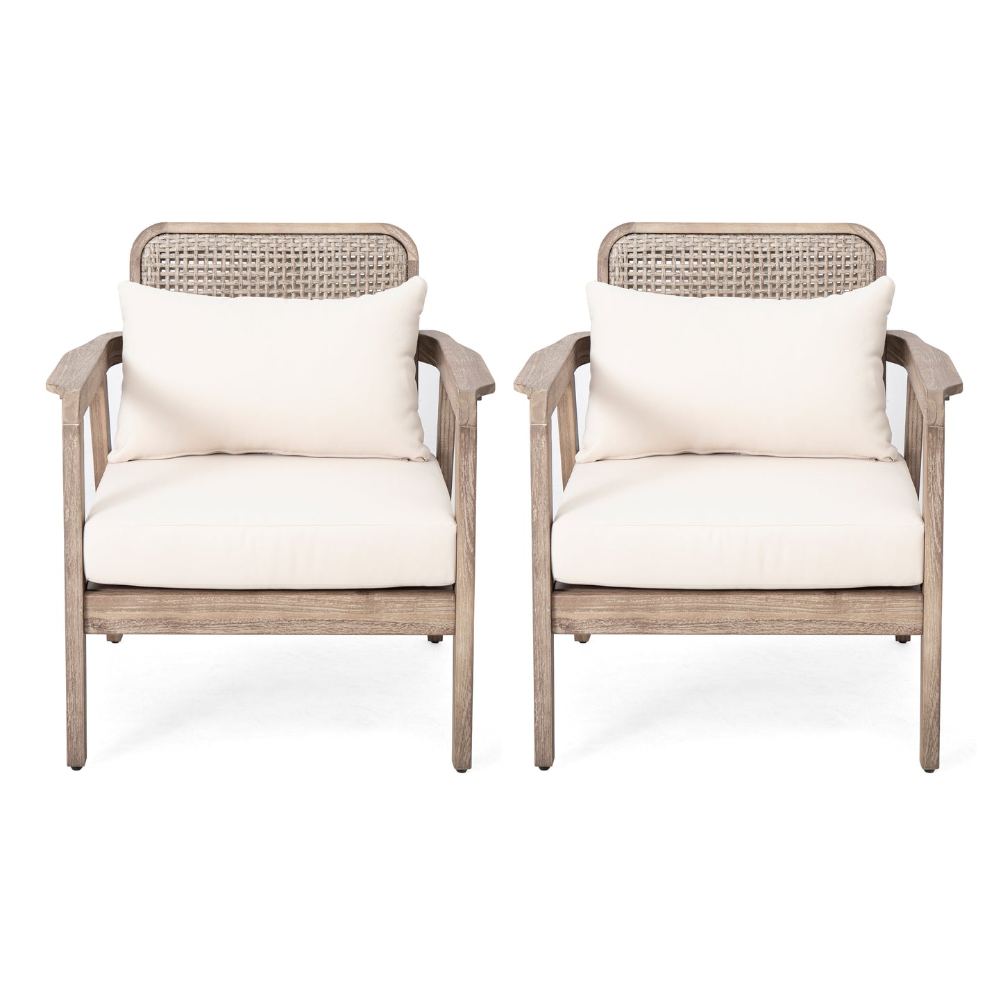 SET OF 2 Outdoor Acacia Wood Patio Club Chair, Patio Furniture,Waterproof Thick Cushion Deep Seating For Porch, Garden, Backyard, Balcony, Weight Capacity 400lbs, Light Brown Finish, Cream Cushion
