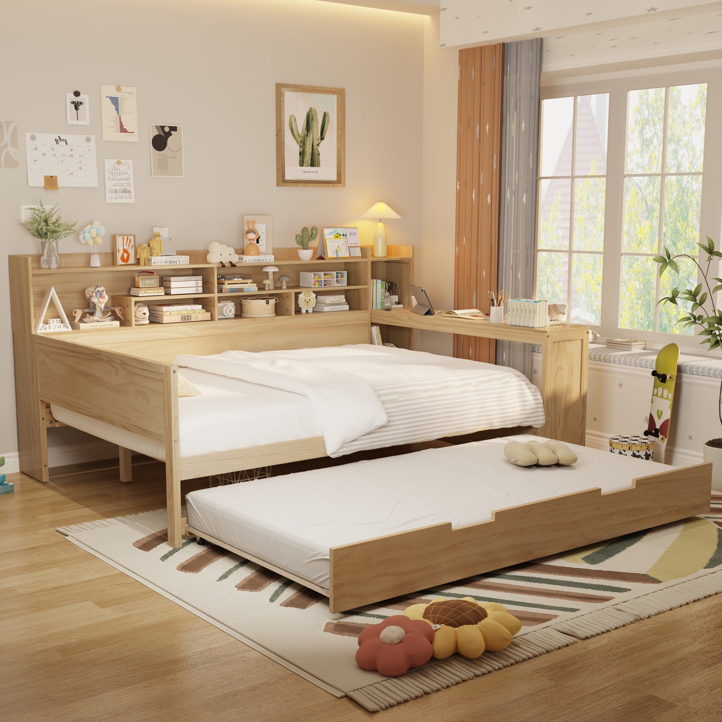 Wooden Full Size Daybed With Storage Shelves, Multi-functional Bed With Twin Size Trundle Bed And Study Desk, Natural