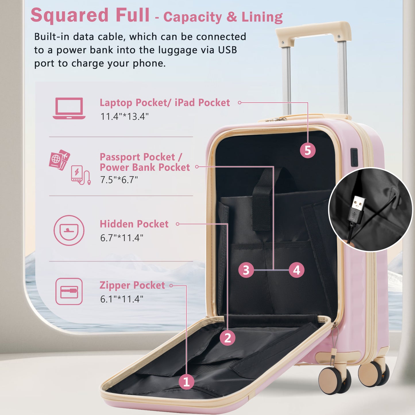 Front Opening Luggage Set 3 Piece, Hardside Carry On Suitcase With USB Port, Expandable Luggage With Handle Bag Spinner Wheels TSA Lock