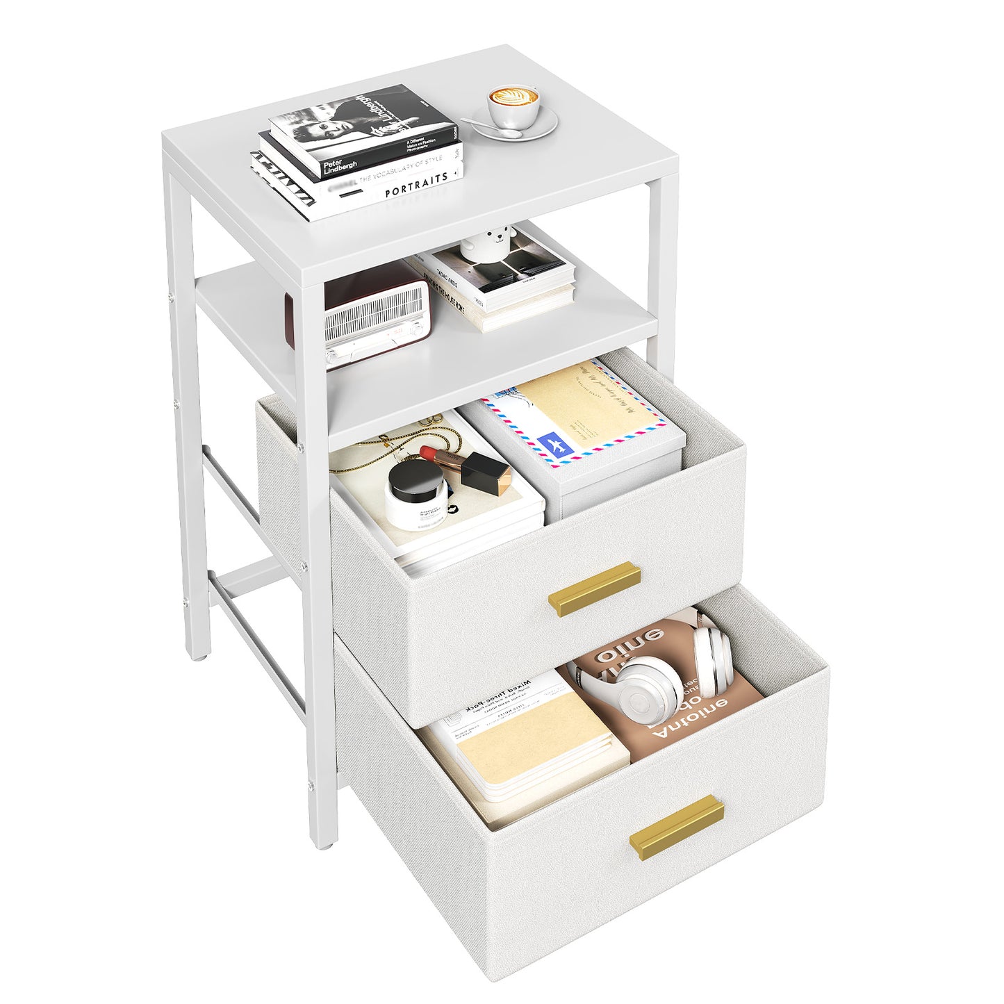 Bedside End Table Particle Board Modern Nightstand With 2 Fabric Drawers For Bedroom Living Room White