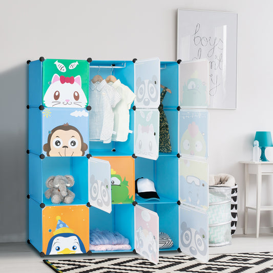 4-layer 12-compartment 2-hanging-bar Modular Wardrobe With Plastic And Steel Wire Materials Featuring Animal Patterns. The Door Has A Floral Design And The Cabinet Body Is Blue.