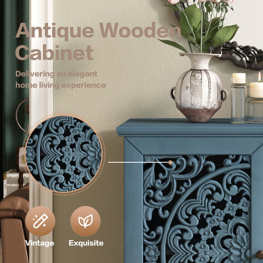 Vintage Hollow-Carved Accent Cabinet, 2-Door Display Storage Sideboard With Symmetrical Floral Design, Adjustable Shelf And Solid Wood Legs For Living Room Entryway Antique Blue