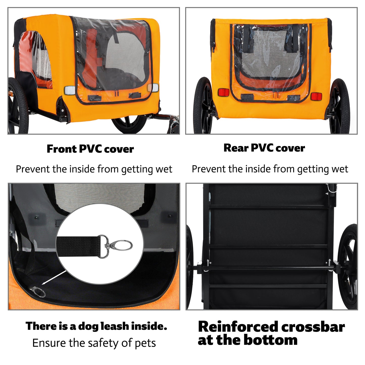 Outdoor Heavy Duty Collapsible Pet Bike Trailer With 16-Inch All-Terrain Wheels & Universal Hitch - Foldable Dog Cargo Carrier Cart For Bicycles, Black Orange