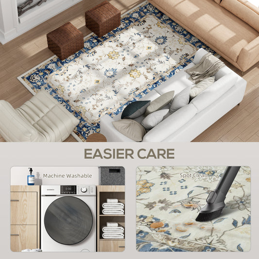 Machine Washable Area Rug 4x6, Non-Slip Boho Floral Print Floor Carpet For Living Room, Bedroom, Dining Room, Blue