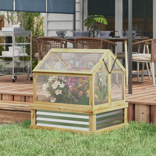 Raised Garden Flower Bed Kit With Greenhouse, Wooden Cold Frame Planter