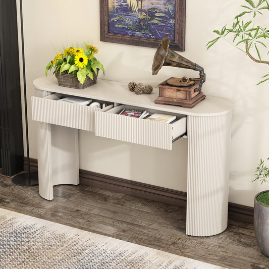 TREXM Entryway Table With Fluted Design Modern Console Table With Storage Oval Top And 2 Drawers For Entryway And Living Room Champagne White