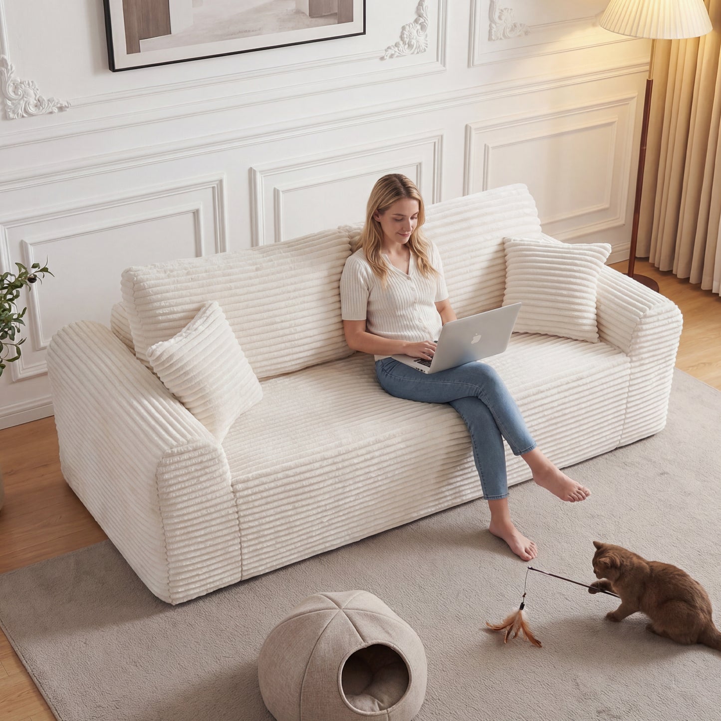 3 Seater Couch, Corduroy Boneless Couches For Living Room,26.4 Cloud Couch With Deep Seat,Comfy Floor Sofa With 2 Pillows,Upholstered Floor Sofa In A Box