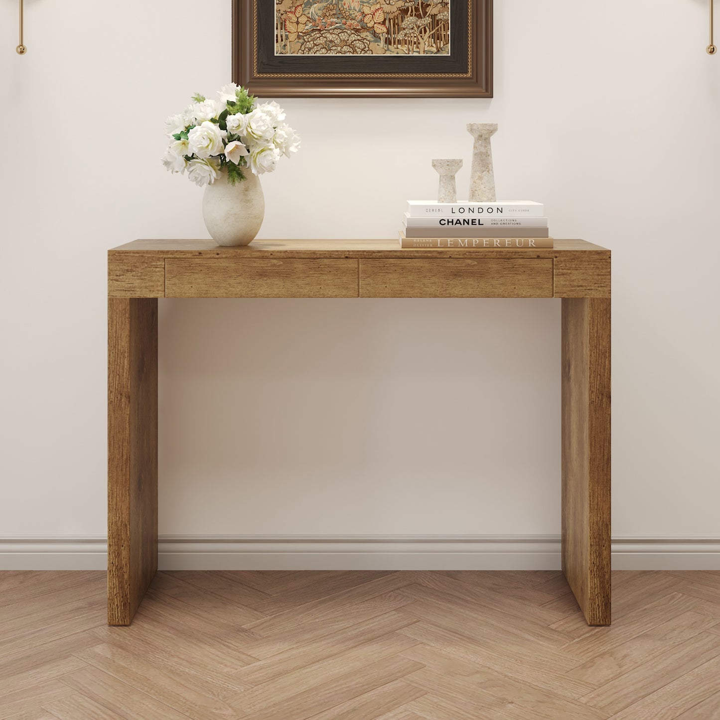 Elegant Natural Wood Grain Bar Table-50 Inches Long, A Practical Choice For Modern Homes.Wood Grain Texture Sticker,Equipped With Two Drawers.Serving As A Bar Table Or A Desk.