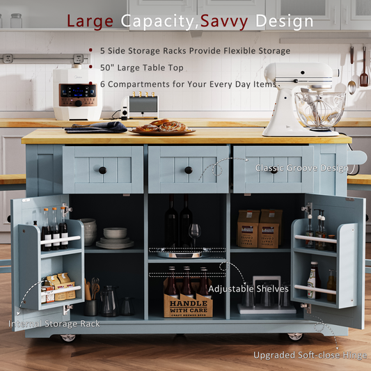 K&K 53inch Large Kitchen Island With 2 Bar Stools,Power Outlet,Door Internal Storage Rack,Kitchen Storage Cart On 5 Wheels With Drop Leaf,5 Open Side Racks,3 Drawers,Grey Blue Three Packages