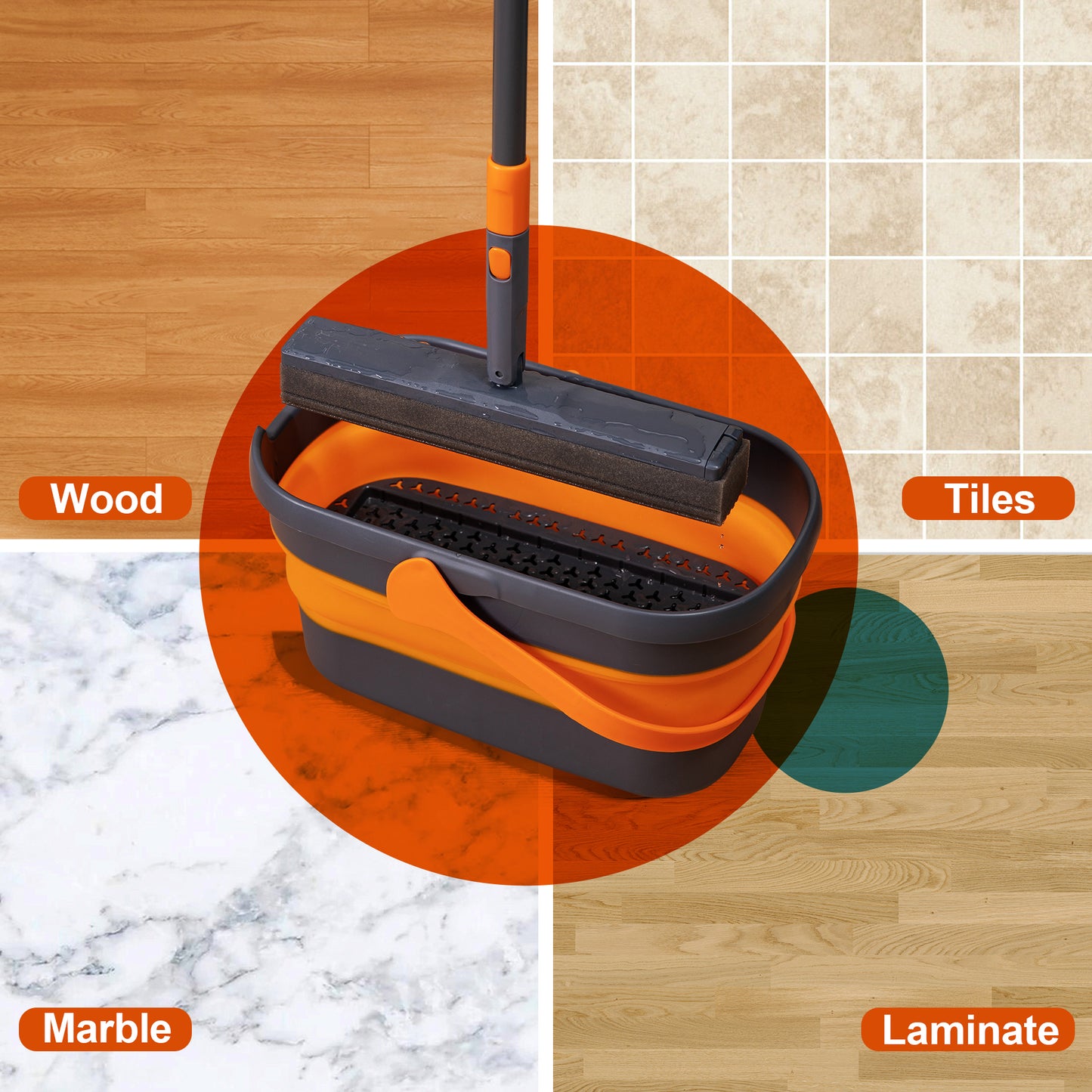 Sponge Mop Kit And Collapsible Bucket, Mop And Bucket For Floor Cleaning, Hands Free Home Floor Cleaning, Floor Cleaning System